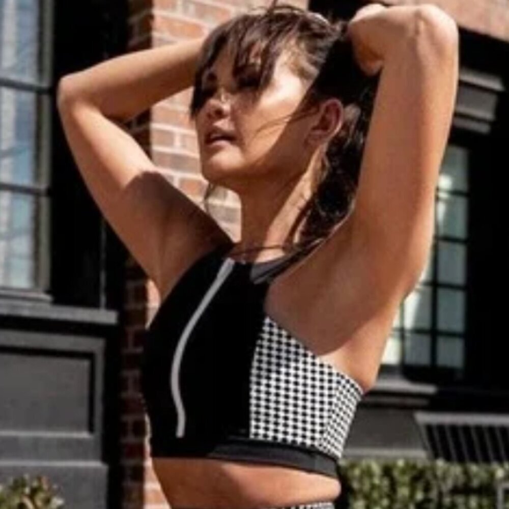 IVL Collective Sport Bra Black White Checkered Front Zip Women's 6 Workout